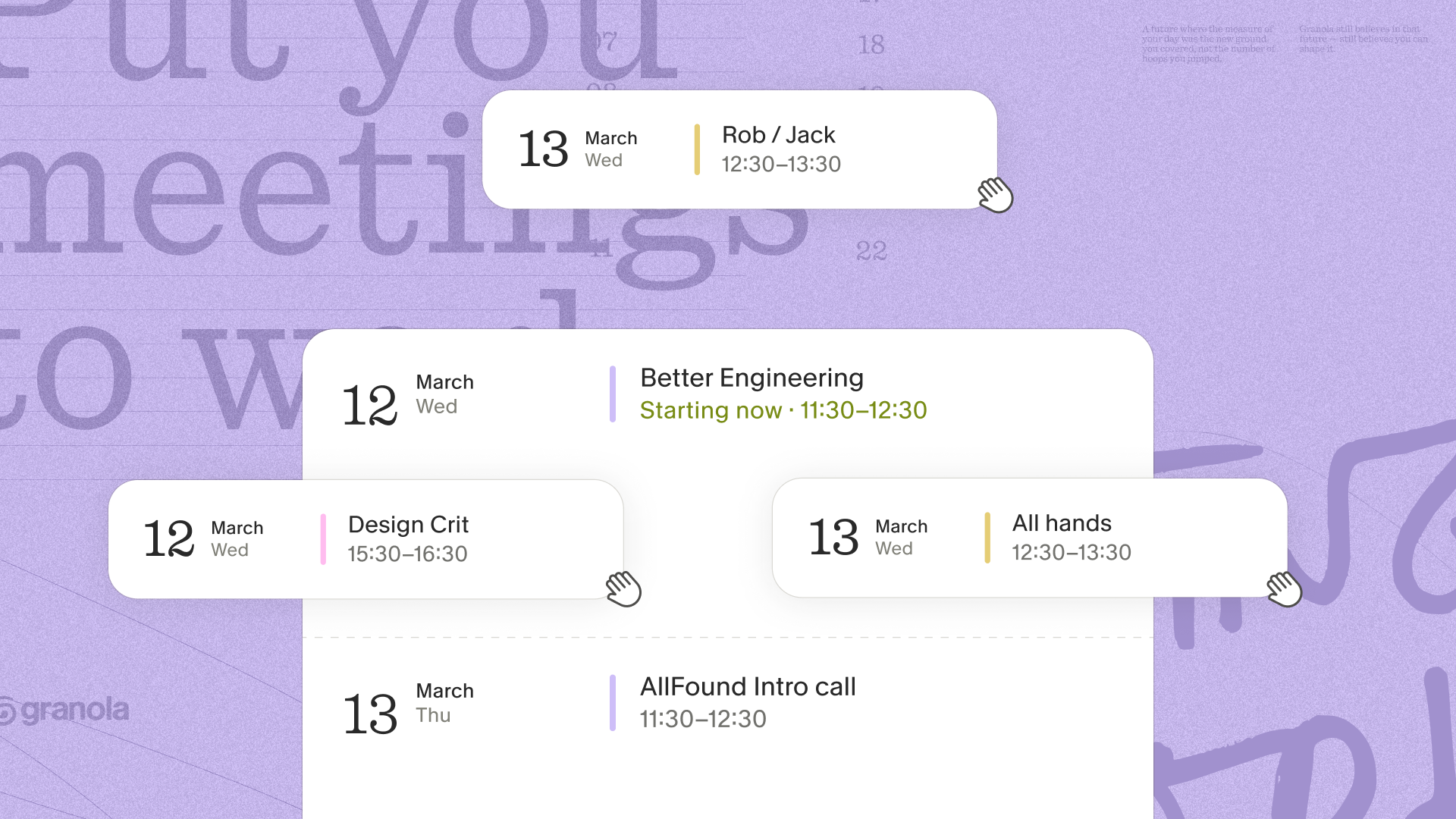 Granola calendar showing upcoming meetings